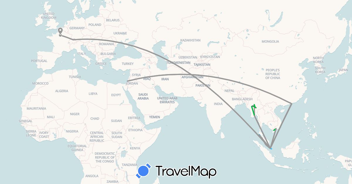 TravelMap itinerary: driving, bus, plane, hiking, boat, motorbike in Switzerland, France, Hong Kong, Indonesia, Israel, Myanmar (Burma), Malaysia, Singapore, Thailand, Vietnam (Asia, Europe)